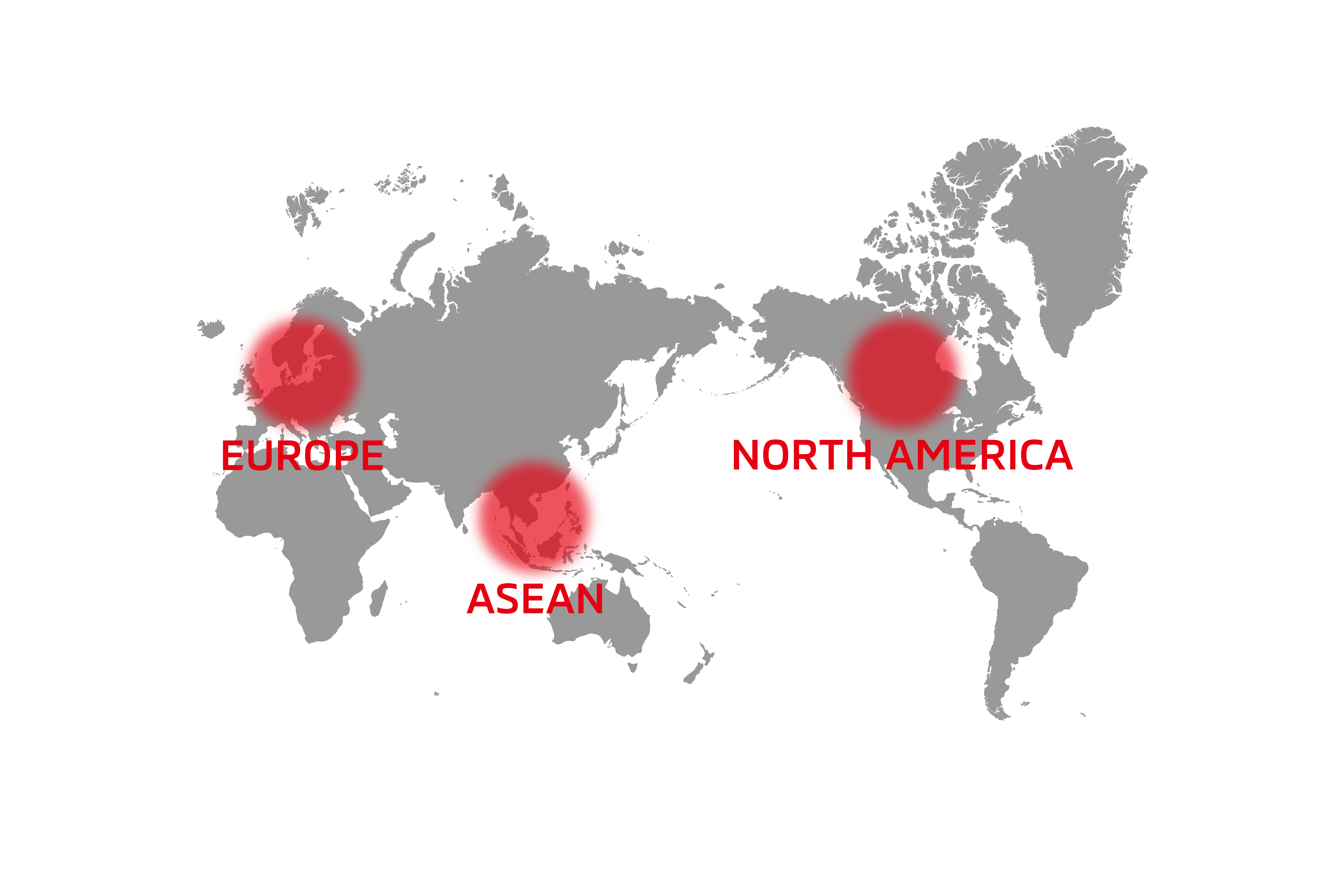 Map of main market territories. The car is sold primarily in European countries, ASEAN countries, and North American countries.