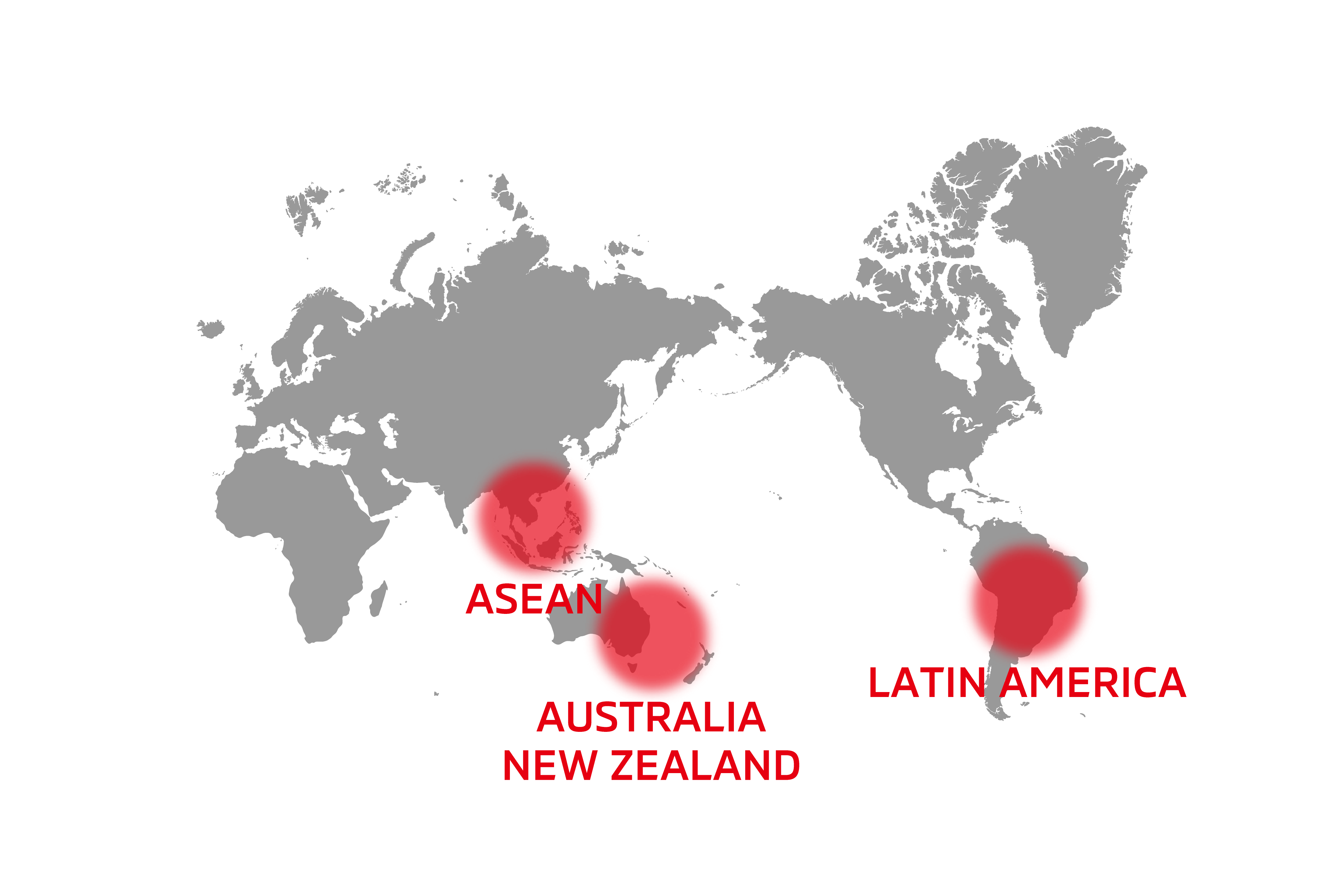 Map of main market territories. The car is sold primarily in ASEAN countries, Australia and New Zealand, and Latin American countries.