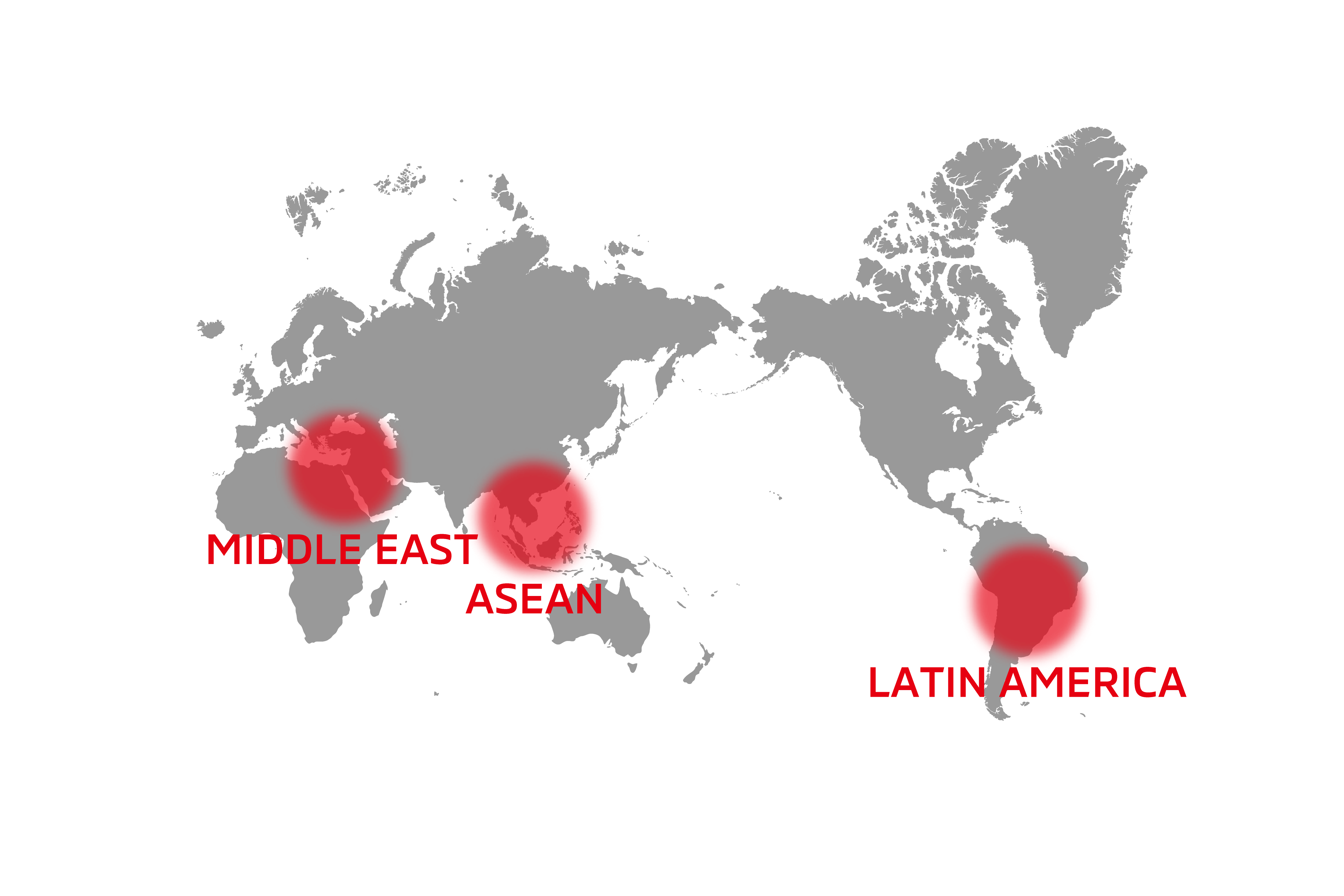 Map of main market territories. The car is sold primarily in Middle East countries, ASEAN countries, and Latin American countries.