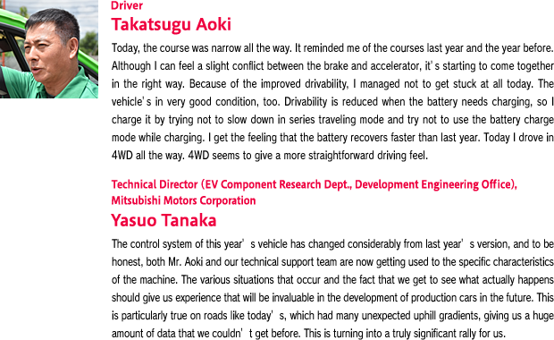 Technical Director (EV Component Research Dept., Development Engineering Office), Mitsubishi Motors Corporation Yasuo Tanaka:  The control system of this yearfs vehicle has changed considerably from last yearfs version, and to be honest, both Mr. Aoki and our technical support team are now getting used to the specific characteristics of the machine. The various situations that occur and the fact that we get to see what actually happens should give us experience that will be invaluable in the development of production cars in the future. This is particularly true on roads like todayfs, which had many unexpected uphill gradients, giving us a huge amount of data that we couldnft get before. This is turning into a truly significant rally for us.