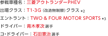 参戦車種名：三菱アウトランダーPHEV出場クラス：T1-3G（改造無制限）クラス＊2　エントラント：TWO & FOUR MOTOR SPORTS＊3 ドライバー：青木孝次選手コ・ドライバー：石田憲治選手