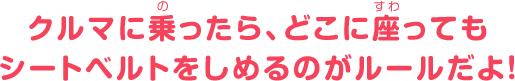 クルマに乗ったら、どこに座ってもシートベルトをしめるのがルールだよ！