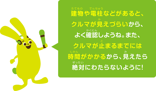 建物や電柱などがあると、クルマが見えづらいから、よく確認しようね。また、クルマが止まるまでには時間がかかるから、見えたら絶対にわたらないように！