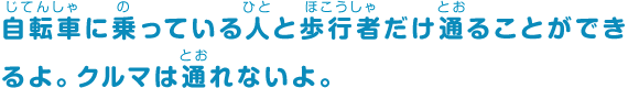 歩行者のための横断歩道と自転車に乗っている人のための自転車横断帯があるよ。自転車に乗っているときは、自転車横断帯を安全な速さで通ろう。