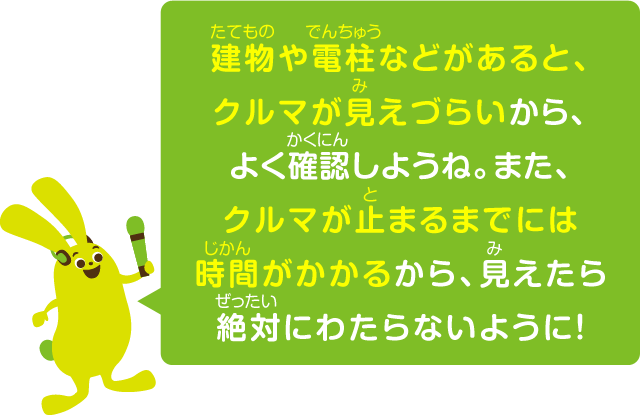 建物や電柱などがあると、クルマが見えづらいから、よく確認しようね。また、クルマが止まるまでには時間がかかるから、見えたら絶対にわたらないように！