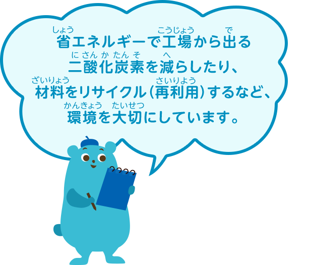 省エネルギーで工場から出る二酸化炭素を減らしたり、材料をリサイクル（再利用）するなど、環境を大切にしています。