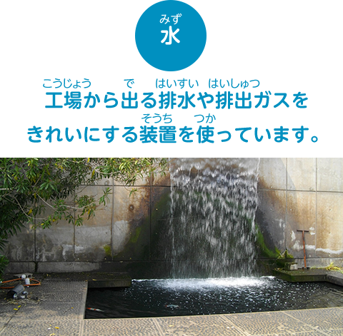 【水】工場から出る排水や排出ガスをきれいにする装置を使っています。