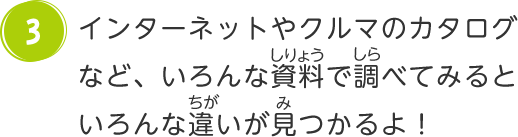 インターネットやクルマのカタログなど、いろんな資料で調べてみるといろんな違いが見つかるよ！