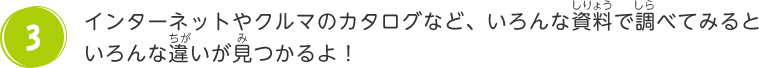 インターネットやクルマのカタログなど、いろんな資料で調べてみるといろんな違いが見つかるよ！