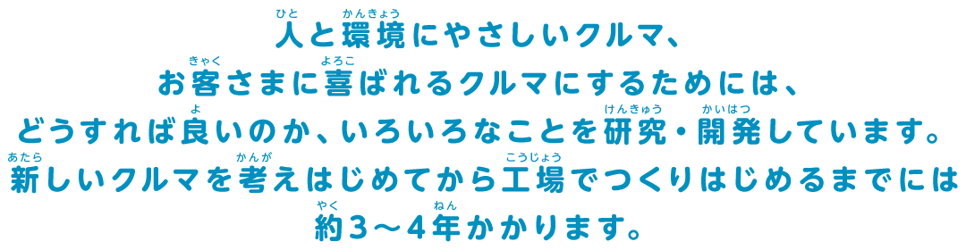 事故がおこりにくくするために、ドライバーの運転を助ける新しい技術があります。どうすれば良いのか、いろいろなことを研究しています。新しいクルマを考えはじめてから工場でつくりはじめるまでには約3～4年かかります。