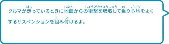 クルマが走っているときに地面からの衝撃を吸収して乗り心地をよくするサスペンションを組み付けるよ。