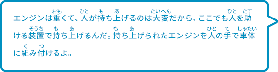 エンジンは重くて、人が持ち上げるのは大変だからここでも人を助ける装置で持ち上げるんだ。持ち上げられたエンジンを人の手で車体に組み付けるよ。