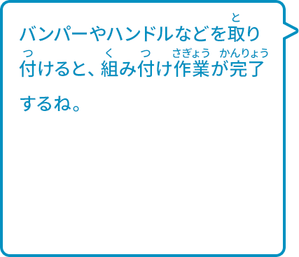 バンパーやハンドルなどを取り付けると、組み付け作業が完了するね。