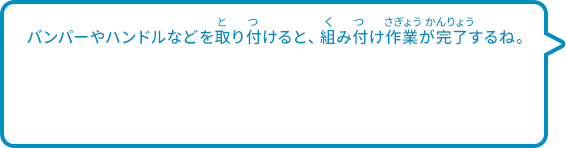 バンパーやハンドルなどを取り付けると、組み付け作業が完了するね。