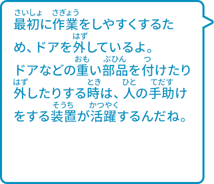 最初に作業をしやすくするため、ドアを外しているよ。ドアなどの重い部品を付けたり外したりする時は、人の手助けをする装置が活躍するんだね。  