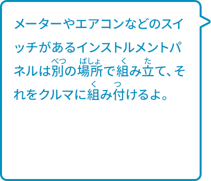 メーターやエアコンなどのスイッチがあるインストルメントパネルは別の場所で組み立て、それをクルマに組み付けるよ。