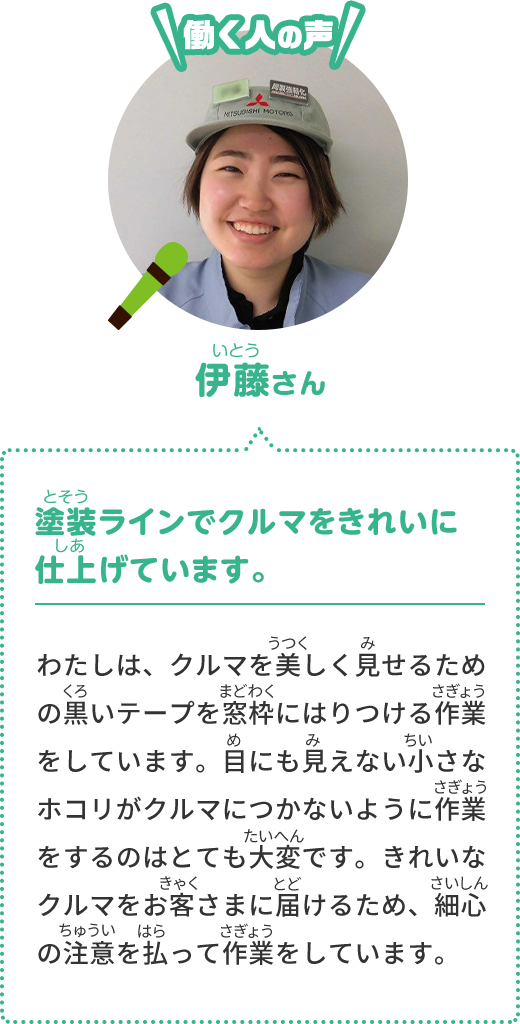 [働く人の声] 伊藤さん わたしは、クルマを美しく見せるための黒いテープを窓枠にはりつける作業をしています。目にも見えない小さなホコリがクルマにつかないように作業をするのはとても大変です。きれいなクルマをお客さまに届けるため、細心の注意を払って作業をしています。