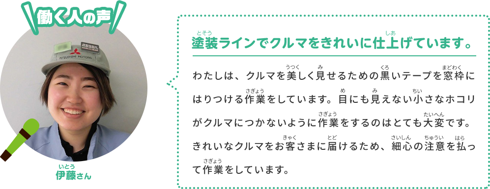 [働く人の声] 黒田さん 塗装ラインでクルマをきれいに仕上げています。わたしは、窓枠にクルマを美しく見せるための黒いテープをはりつける作業をしています。目にも見えない小さなホコリがクルマにつかないように作業をするのはとても大変です。きれいなクルマをお客さまに届けるため、細心の注意を払って作業をしています。