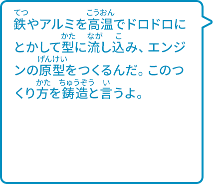 鉄やアルミを高温でドロドロにとかして型に流し込み、エンジンの原型をつくるんだ。このつくり方を鋳造と言うよ。