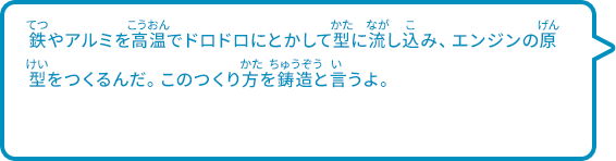 鉄やアルミを高温でドロドロにとかして型に流し込み、エンジンの原型をつくるんだ。このつくり方を鋳造と言うよ。