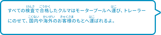 すべての検査で合格したクルマはモータープールへ運び、トレーラーにのせて、国内や海外のお客様のもとへ運ばれるよ。