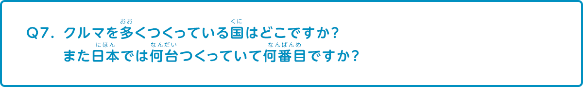 クルマを多くつくっている国はどこですか？また日本では何台つくっていて何番目ですか？